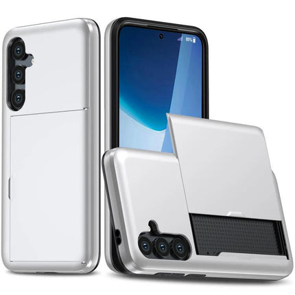 Daily Protective Case For Samsung Galaxy S25 With Card Slot in silver showing sliding card compartment, raised camera and screen edges