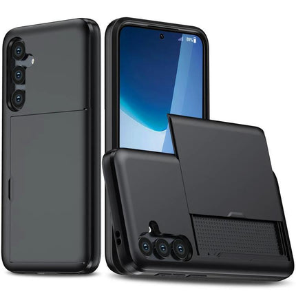 Daily Protective Case For Samsung Galaxy S25 With Card Slot - black commuter case with sliding card slot and raised camera edges