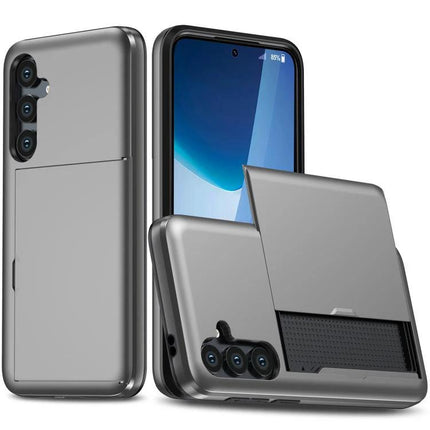 Daily Protective Case For Samsung Galaxy S25 With Card Slot showing slim gray protective phone case with built-in card slot and raised camera and screen edges