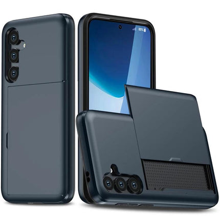 Daily Protective Case For Samsung Galaxy S25 With Card Slot showing dark blue protective phone case with built-in card slot and raised camera edges