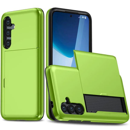 Daily Protective Case For Samsung Galaxy S25 With Card Slot in lime green showing card slot, raised edges and camera protection