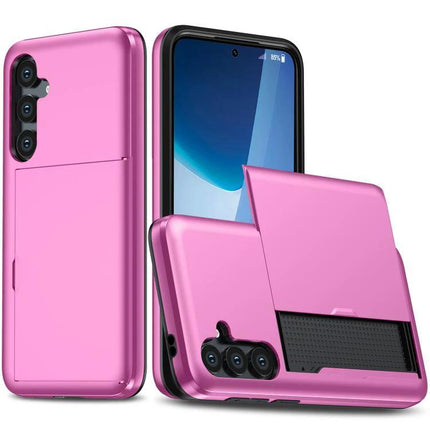 Daily Protective Case For Samsung Galaxy S25 With Card Slot in pink showing card slot open, raised edges and camera protection