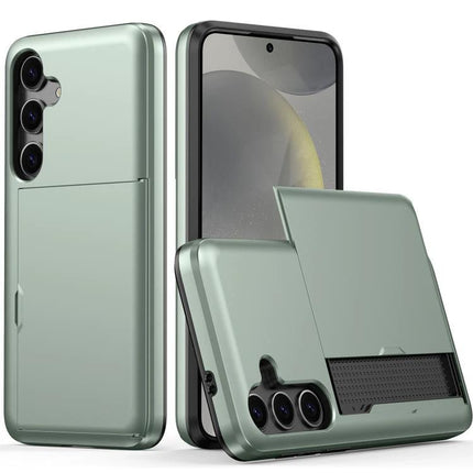 Daily Protective Case For Samsung Galaxy S25 With Card Slot in sage green showing raised edges, built-in card slot and camera protection