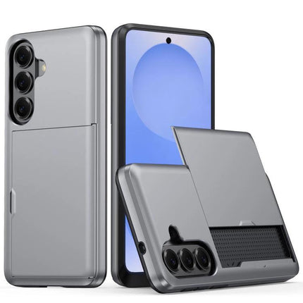 Samsung Protective Case for Everyday Phone Use showing slim gray PC+TPU dual-layer case with raised edges and sliding card slot