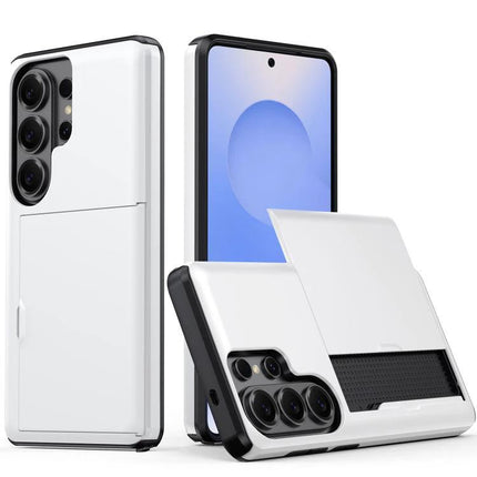 Samsung Protective Case for Everyday Phone Use - lightweight white PC TPU case with raised edges and sliding card cover for daily drops and scratches