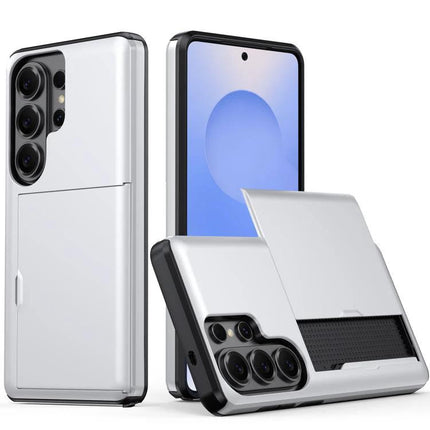 Samsung Protective Case for Everyday Phone Use - slim white PC+TPU case with raised edges and sliding card slot for Samsung phone protection