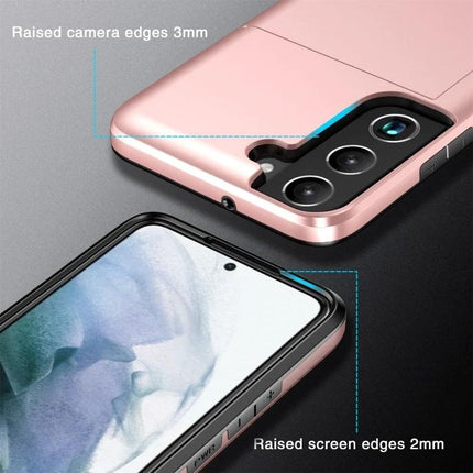Daily Protective Case For Samsung Galaxy S25 With Card Slot showing raised camera edges 3mm and raised screen edges 2mm, rose gold protective design