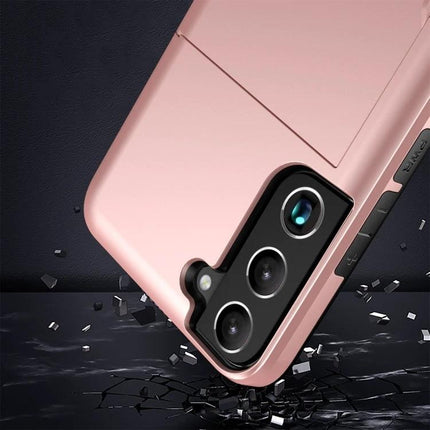 Daily Protective Case For Samsung Galaxy S25 With Card Slot showing rose gold case, raised camera edges and built-in card slot for commuting essentials