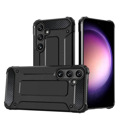 Magic Armor Case for Samsung Galaxy S24 in slim black rugged design showing front and dual back views, ergonomic protection against bumps and scratches