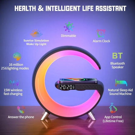 Bedside Bluetooth Speaker Lamp With Wireless Charger on nightstand showing 15W charger, clock, colorful sunrise light