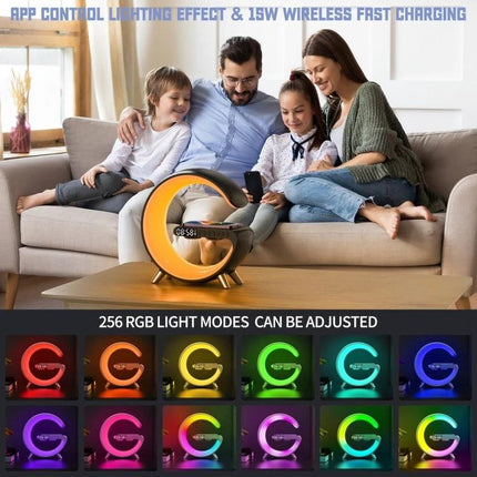 Bedside Bluetooth Speaker Lamp With Wireless Charger on nightstand showing family using ambient RGB light and 15W wireless charging