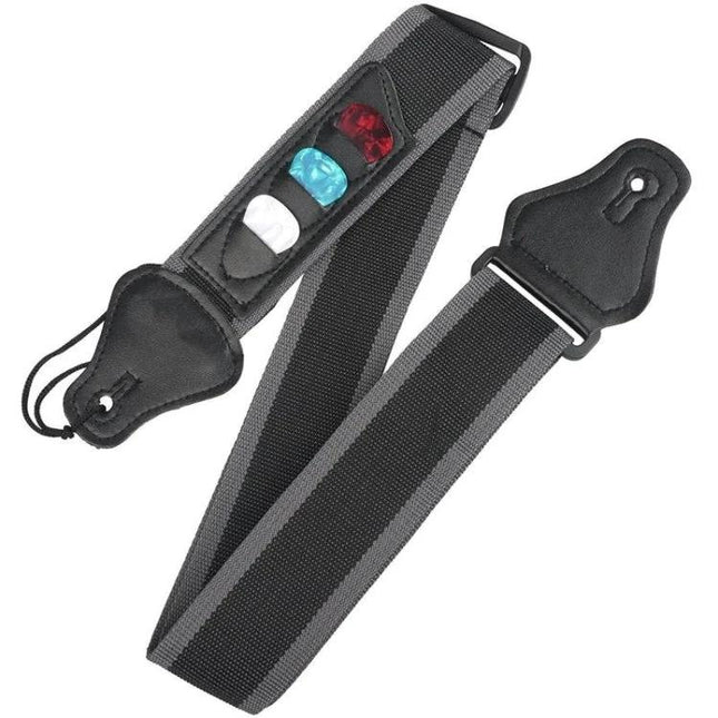 Comfortable Guitar Strap for Daily Music Practice Sessions — nylon black strap with pick holder and three picks