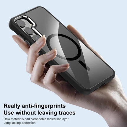 Hand holding Essential Case for Samsung Galaxy Everyday Protection showing clear anti-fingerprint back, raised camera lip and easy access to buttons