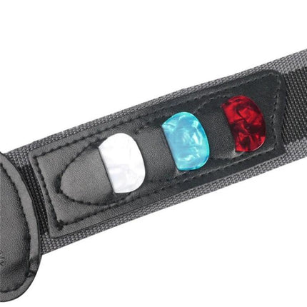 Comfortable Guitar Strap for Daily Music Practice Sessions black nylon strap with built-in pick holder and three colorful picks