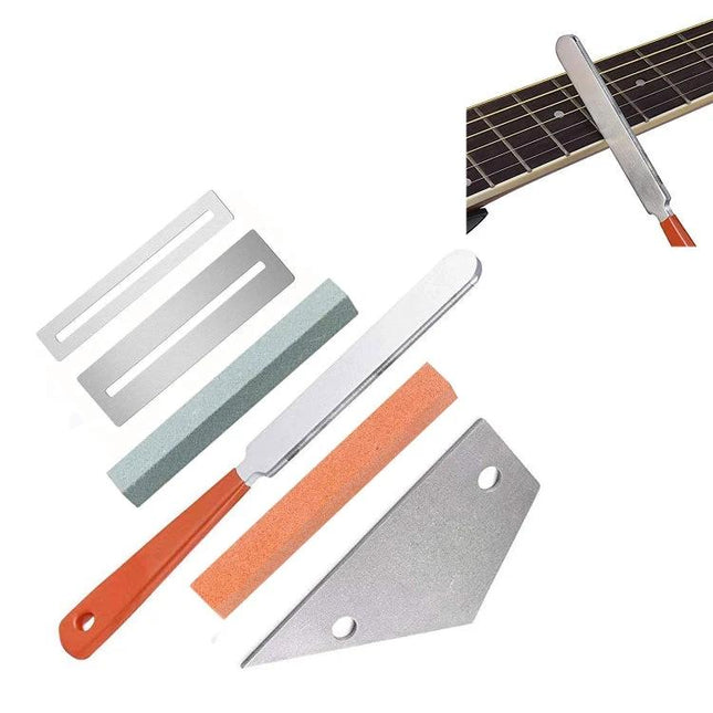 Tool Set for Polishing and Leveling Guitar Frets at Home with files, sanding sticks and fret end file shown