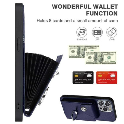 Versatile Phone Case With Card Slots For Daily Essentials shown open with accordion card slots, cash pocket and ring stand