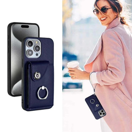 Versatile Phone Case With Card Slots For Daily Essentials shown navy wallet case with six card slots, cash pocket and ring grip on a commuter