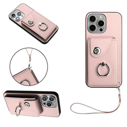 Versatile Phone Case With Card Slots For Daily Essentials pink wallet-style case with ring, wrist strap, six card slots and cash pocket
