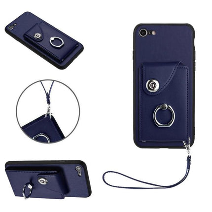 Phone Case With Card Slots navy PU wallet case with six card slots, ring stand and wrist strap for hands-free use