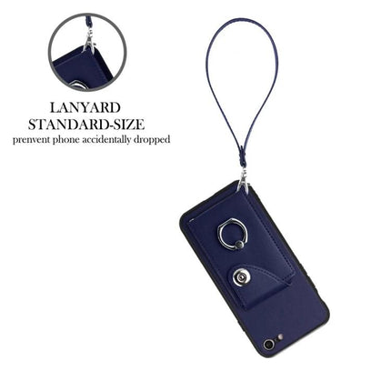 Phone Case With Card Slots navy PU lanyard, six card slots and ring stand for hands-free use and secure everyday carry