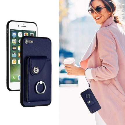Phone Case With Card Slots shown in navy PU with six card slots, ring stand and wrist strap for hands-free commuting