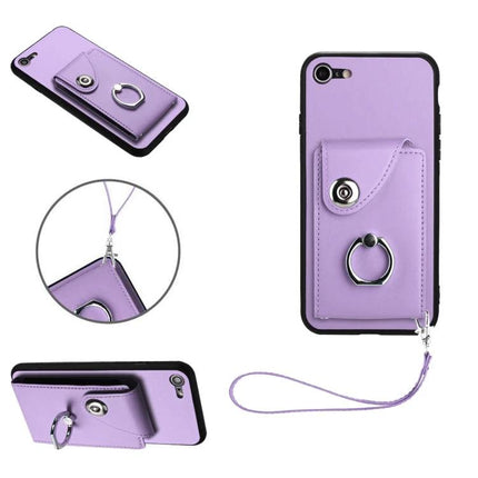 Phone Case With Card Slots in lavender PU with six card slots, ring holder, wrist strap and built-in stand for hands-free use