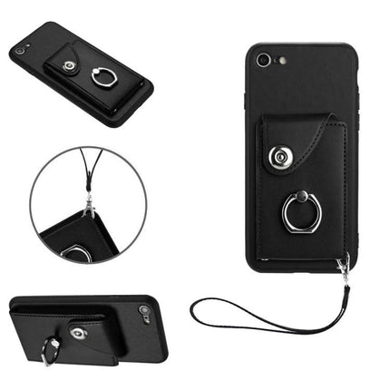Phone Case With Card Slots black PU wallet case with six card slots, ring stand and wrist strap for hands-free use