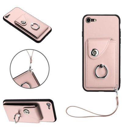 Pink PU Phone Case With Card Slots, six-card storage, ring stand and wrist strap for hands-free use