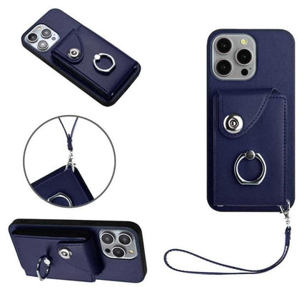 Phone Case With Card Slots navy PU wallet case with six card slots, ring kickstand and wrist strap for hands-free use