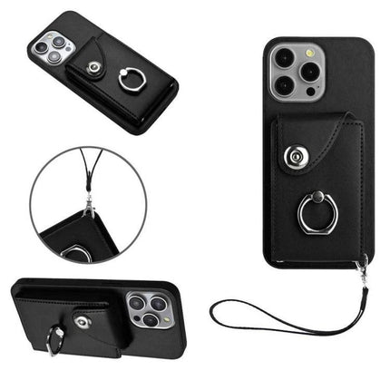Phone Case With Card Slots black PU wallet case with six card slots, ring stand and wrist strap for hands-free use