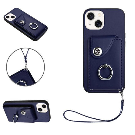 Phone Case With Card Slots navy PU wallet case with six card slots, ring stand and wrist strap