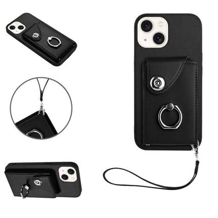 Phone Case With Card Slots black PU wallet case with six card slots, ring stand and wrist strap for hands-free use