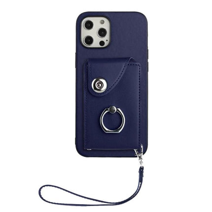 Phone Case With Card Holder For Daily Outings navy PU wallet case with ring grip and wrist strap, slim protective card pocket