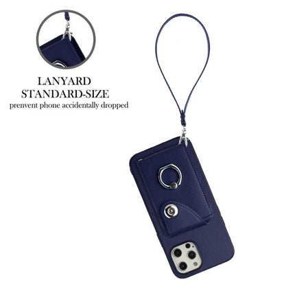 Phone Case With Card Holder For Daily Outings navy PU phone case with wrist lanyard, card slot, ring holder and camera access