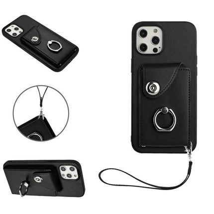 Phone Case With Card Holder For Daily Outings black PU wallet case with ring holder and wrist strap, slim protective card pocket for quick access
