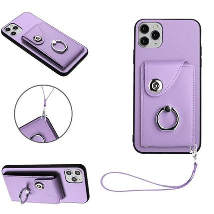 Phone Case With Card Holder For Daily Outings - purple PU protective wallet case with ring, snap pocket and wrist strap