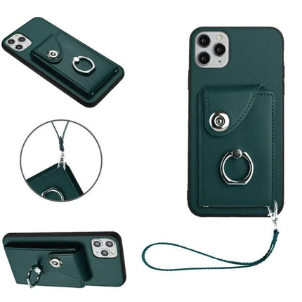 Phone Case With Card Holder For Daily Outings - green PU wallet case with ring, strap, and quick card access