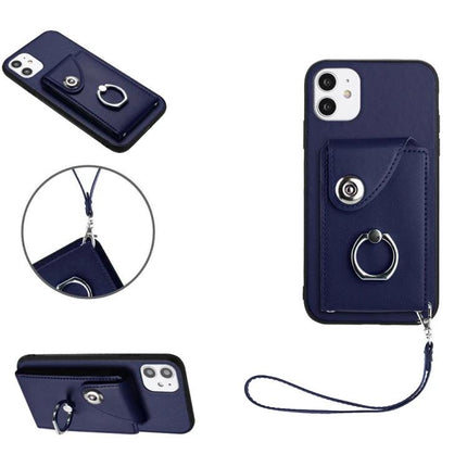 Phone Case With Card Holder For Daily Outings - navy PU wallet case with ring holder, wrist strap and camera access