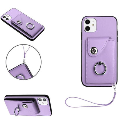 Phone Case With Card Holder For Daily Outings in lavender PU with ring grip, detachable wrist strap and quick-access card pocket