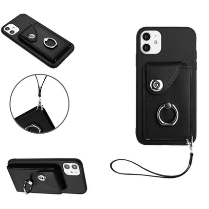 Phone Case With Card Holder For Daily Outings - black PU wallet case with ring, strap, and quick card access