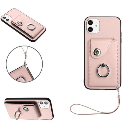 Phone Case With Card Holder For Daily Outings in pink PU with ring grip, wrist strap, and quick-access card pocket