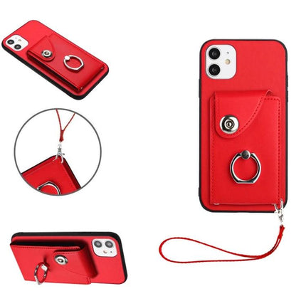Phone Case With Card Holder For Daily Outings red PU wallet case with ring holder, wrist strap, protects device and stores cards, easy access, camera unobstructed