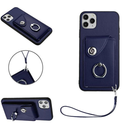 Phone Case With Card Holder For Daily Outings in navy PU with ring grip and detachable wrist strap, slim protective card pocket