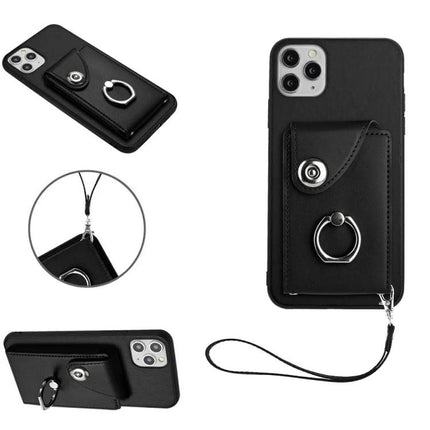 Phone Case With Card Holder For Daily Outings in black PU with ring kickstand, wrist strap and secure snap pocket for cards