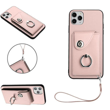 Phone Case With Card Holder For Daily Outings - pink PU wallet case with ring grip, snap pocket and wrist strap for quick cards and cash