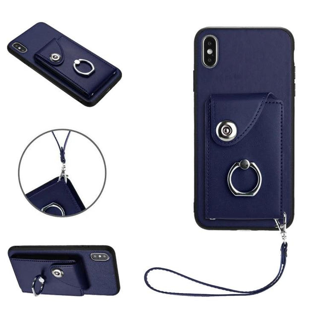Phone Case With Card Pocket for Everyday Carry navy leather wallet case with ring holder and wrist strap