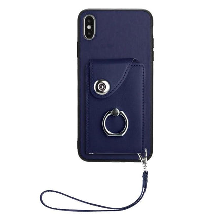 Phone Case With Card Pocket for Everyday Carry - navy leather card pocket, ring grip and wrist strap for hands-free convenience