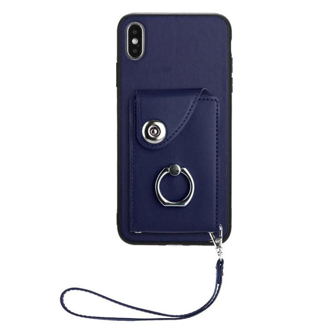 Phone Case With Card Pocket for Everyday Carry - navy leather card pocket, ring grip and wrist strap for hands-free convenience