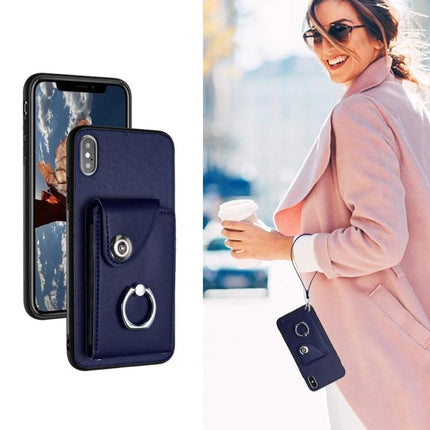 Phone Case With Card Pocket for Everyday Carry in navy with ring holder showing cards and wrist strap for hands-free errands