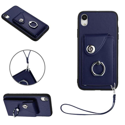 Phone Case With Card Pocket for Everyday Carry navy leather wallet case with ring grip and wrist strap